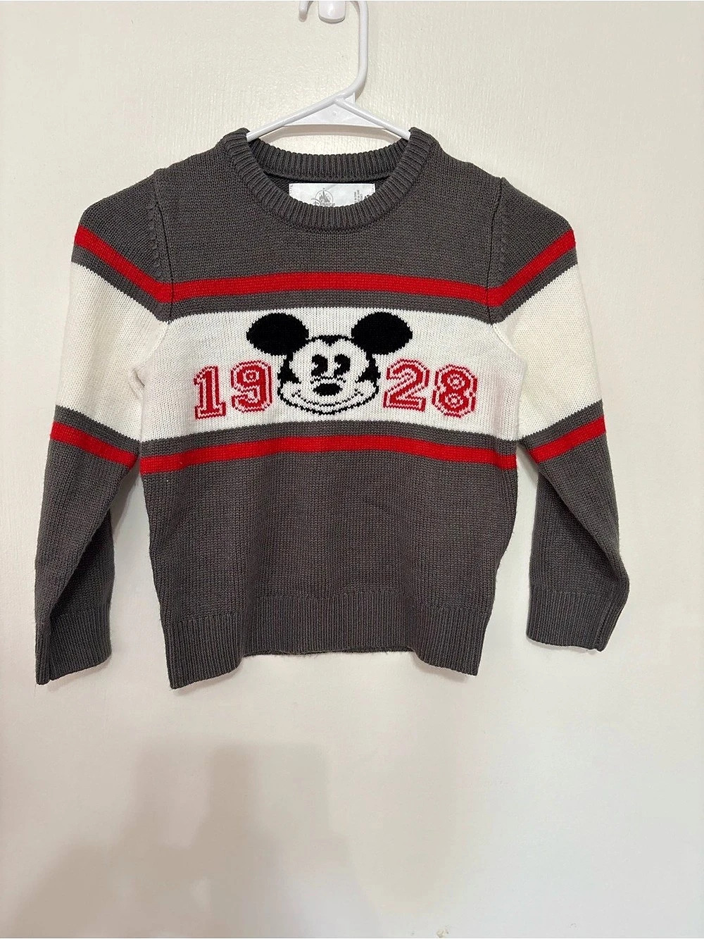 Disney Mickey Mouse 1928 Striped Knit Sweater Gray & White Boys 5/6